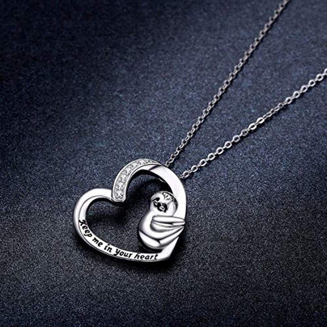 Sterling Silver Cubic Zirconia Sloth Heart Pendant Necklace Engraved Keep Me in Your Heart-4