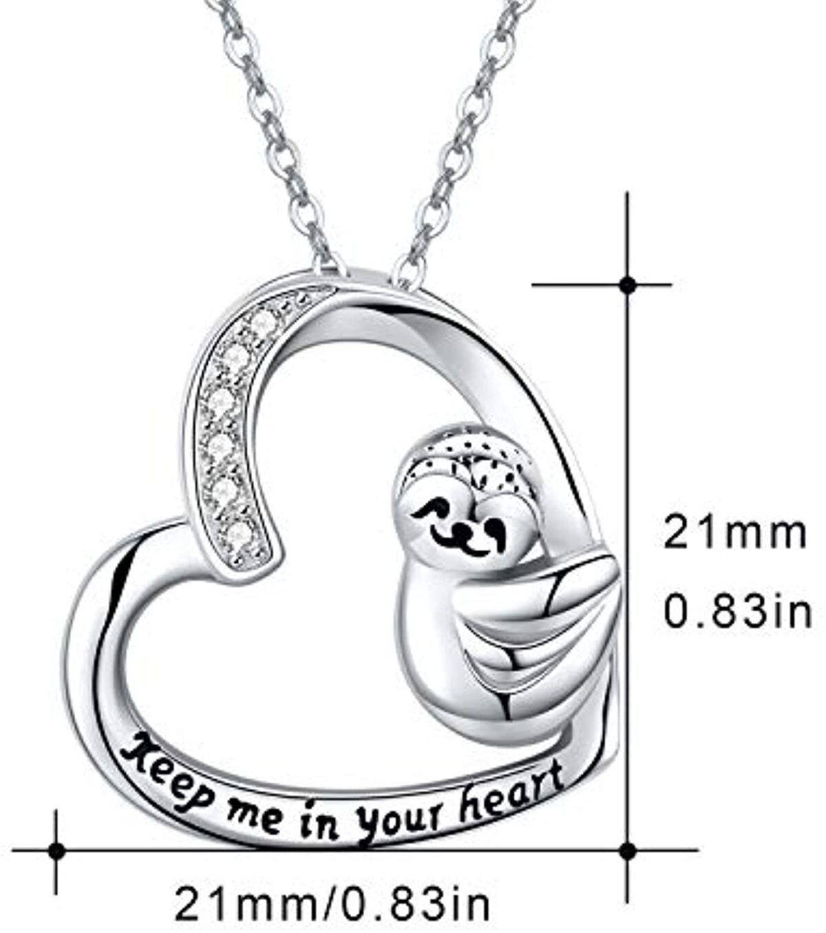 Sterling Silver Cubic Zirconia Sloth Heart Pendant Necklace Engraved Keep Me in Your Heart-6