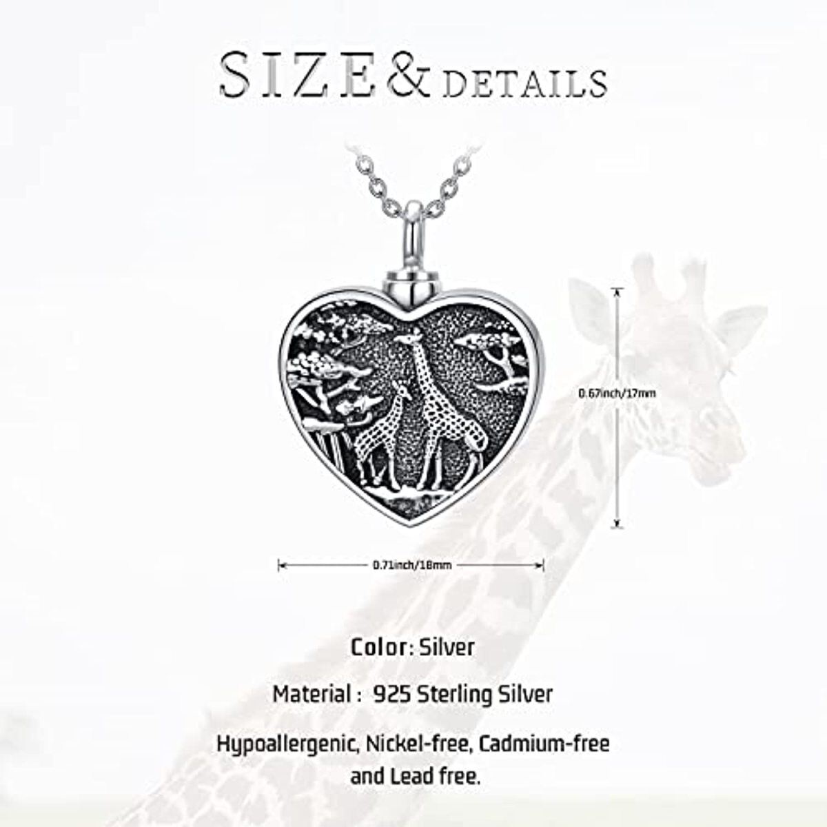Sterling Silver Giraffe & Heart Urn Necklace for Ashes-6