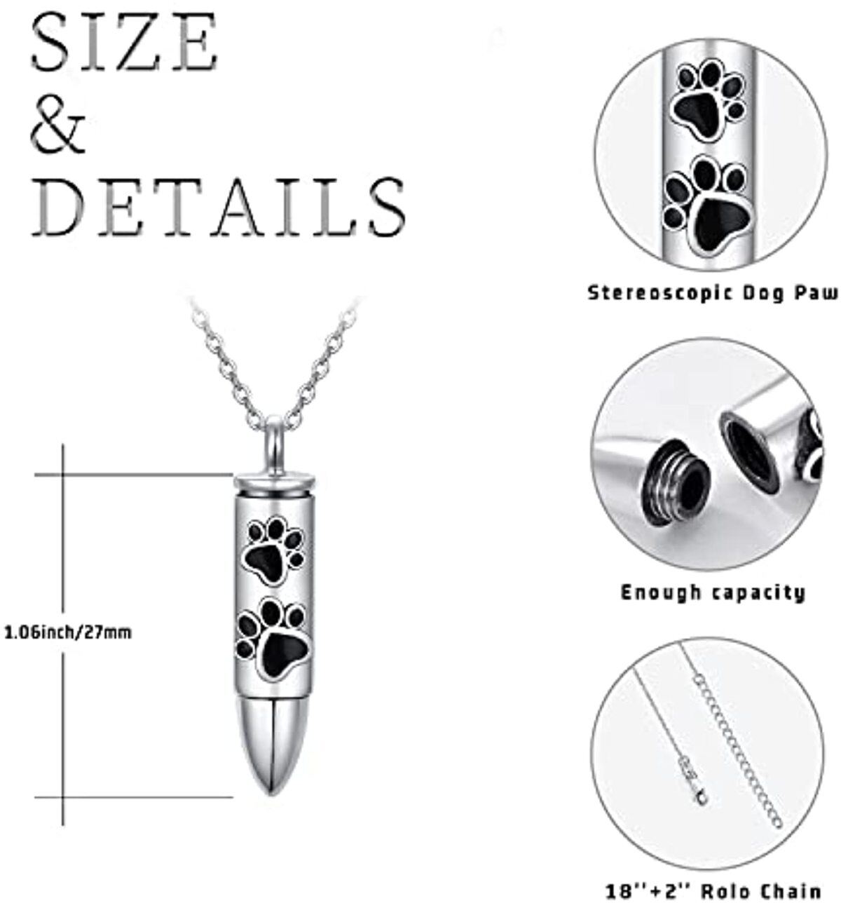 Sterling Silver Dog Paw Bullet Shaped Urn Necklace for Ashes for Men-6