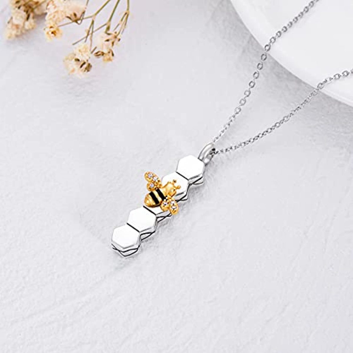 Sterling Silver Two-tone Circular Shaped Cubic Zirconia Bee & Honeycomb Urn Necklace for Ashes-4