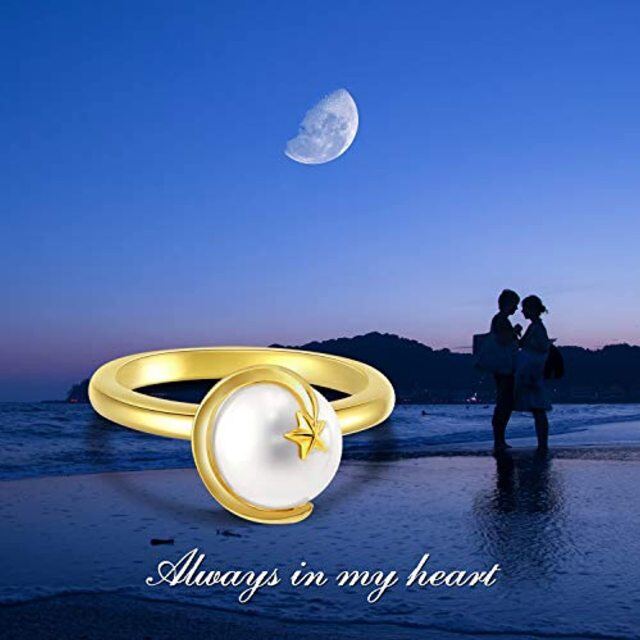 Sterling Silver with Yellow Gold Plated Circular Shaped Pearl Moon & Star Ring-2