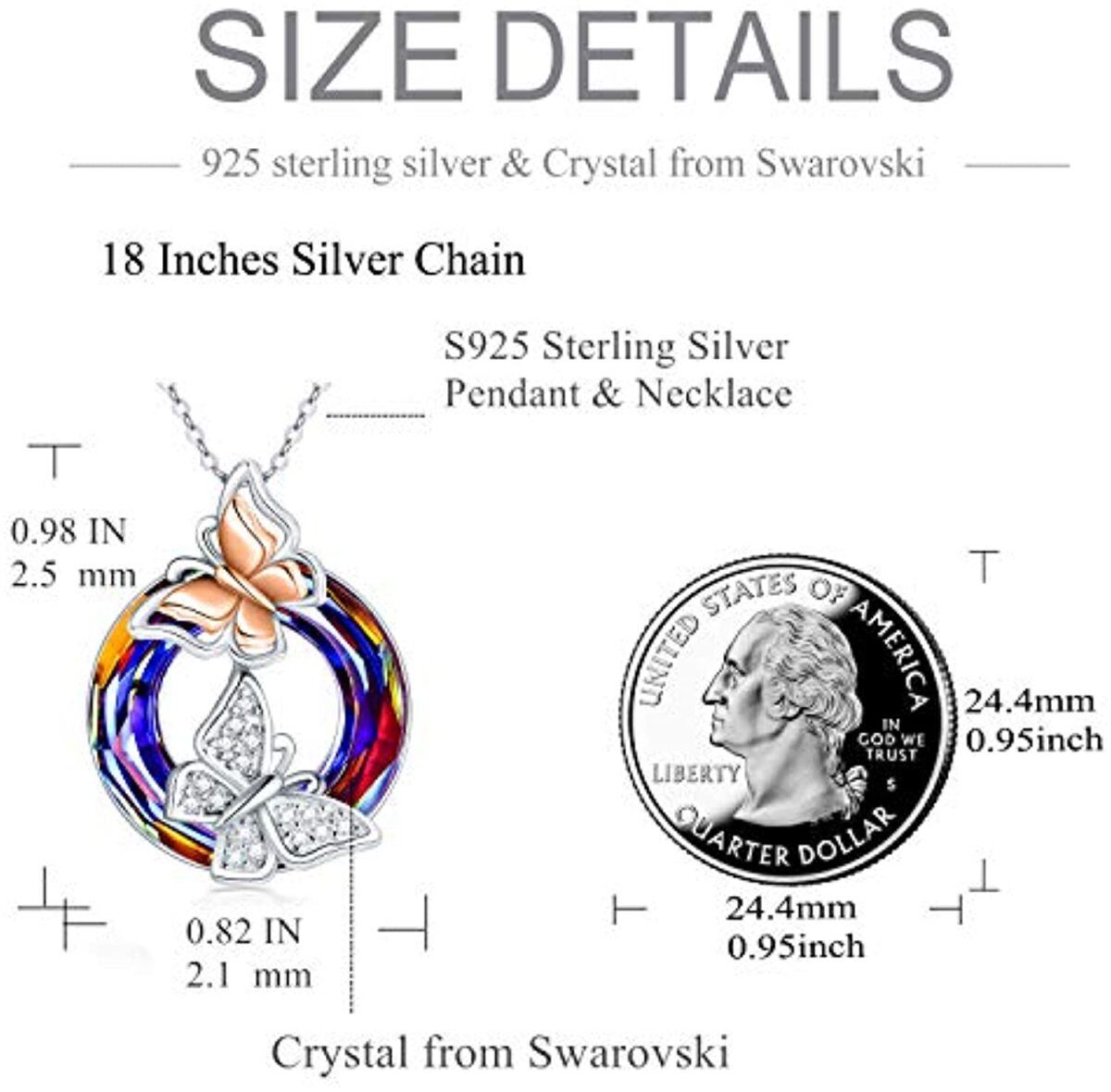 Sterling Silber zweifarbig kreisförmiger Schmetterling Kristall Anhänger Halskette-3