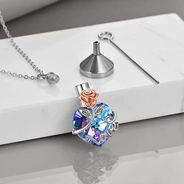 Sterling Silver Two-tone Crystal Rose & Heart Urn Necklace for Ashes-4