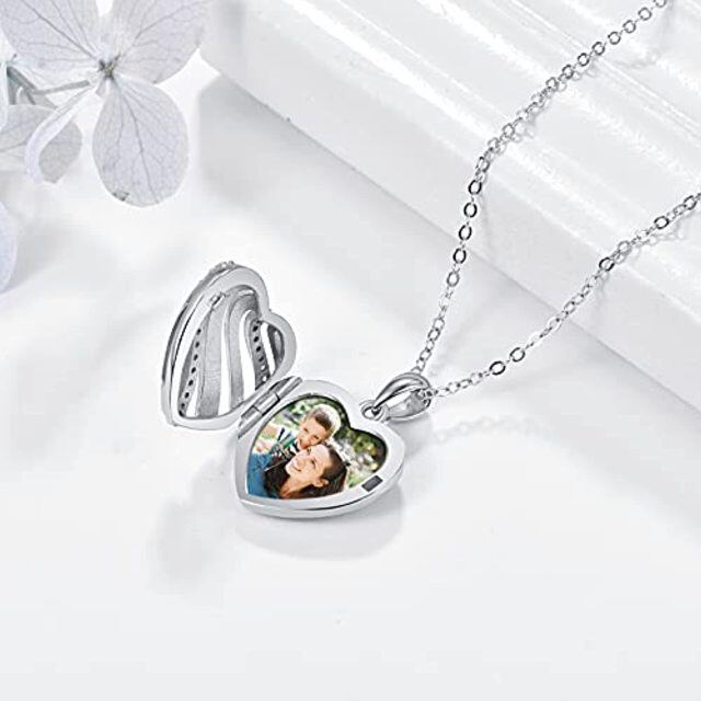 Sterling Silver Circular Shaped Cubic Zirconia Personalized Photo & Heart Personalized Photo Locket Necklace with Engraved Word-4