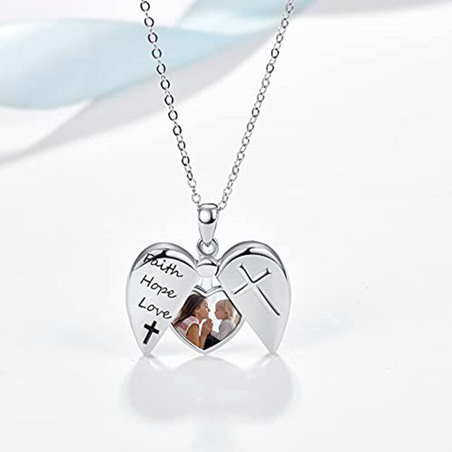 Colar de prata esterlina com medalhão de fotos personalizado com coração gravado Fé Esperança Amor-2