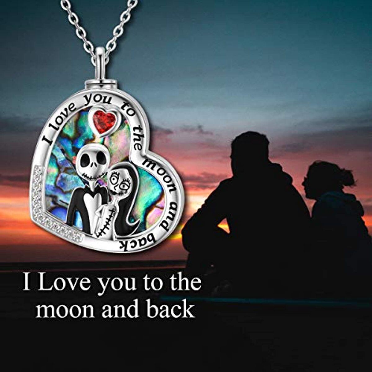 Collar de urna con forma de corazón de plata de ley con forma de corazón y calavera de marisco y palabra grabada-6