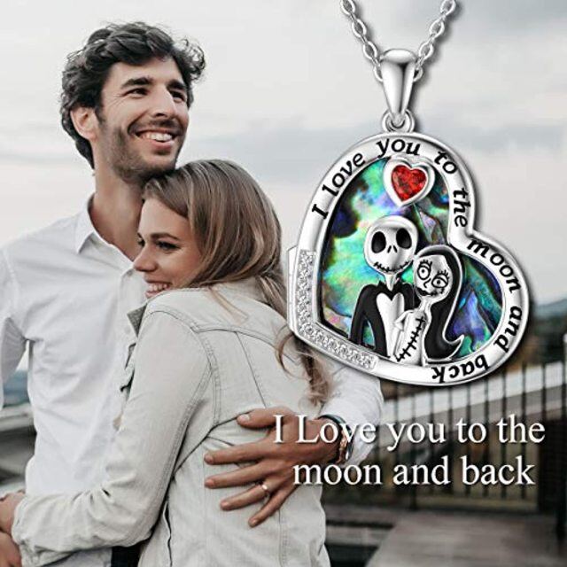 Sterling Silver Heart Abalone Shellfish Skull Personalized Photo Locket Necklace with Engraved Word-2