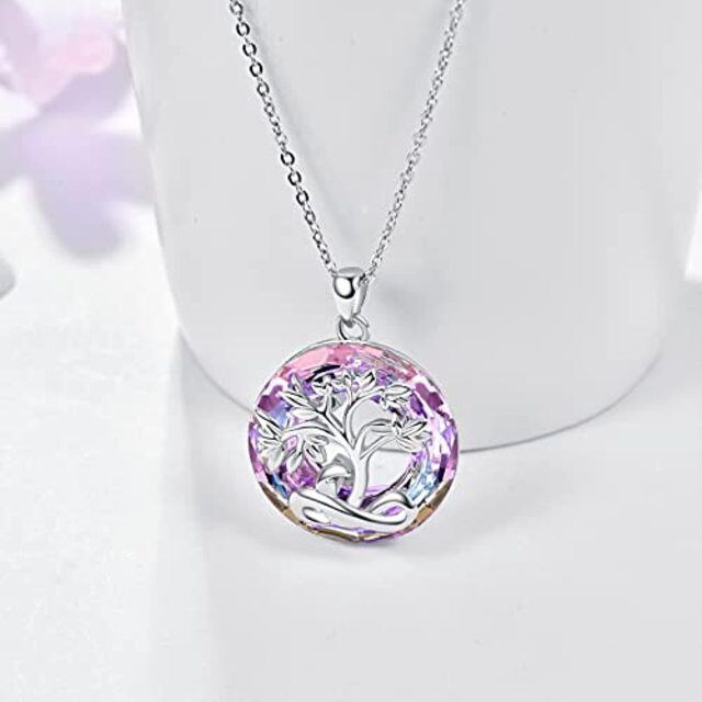 Sterling Silver Round Crystal Tree Of Life Pendant Necklace-3