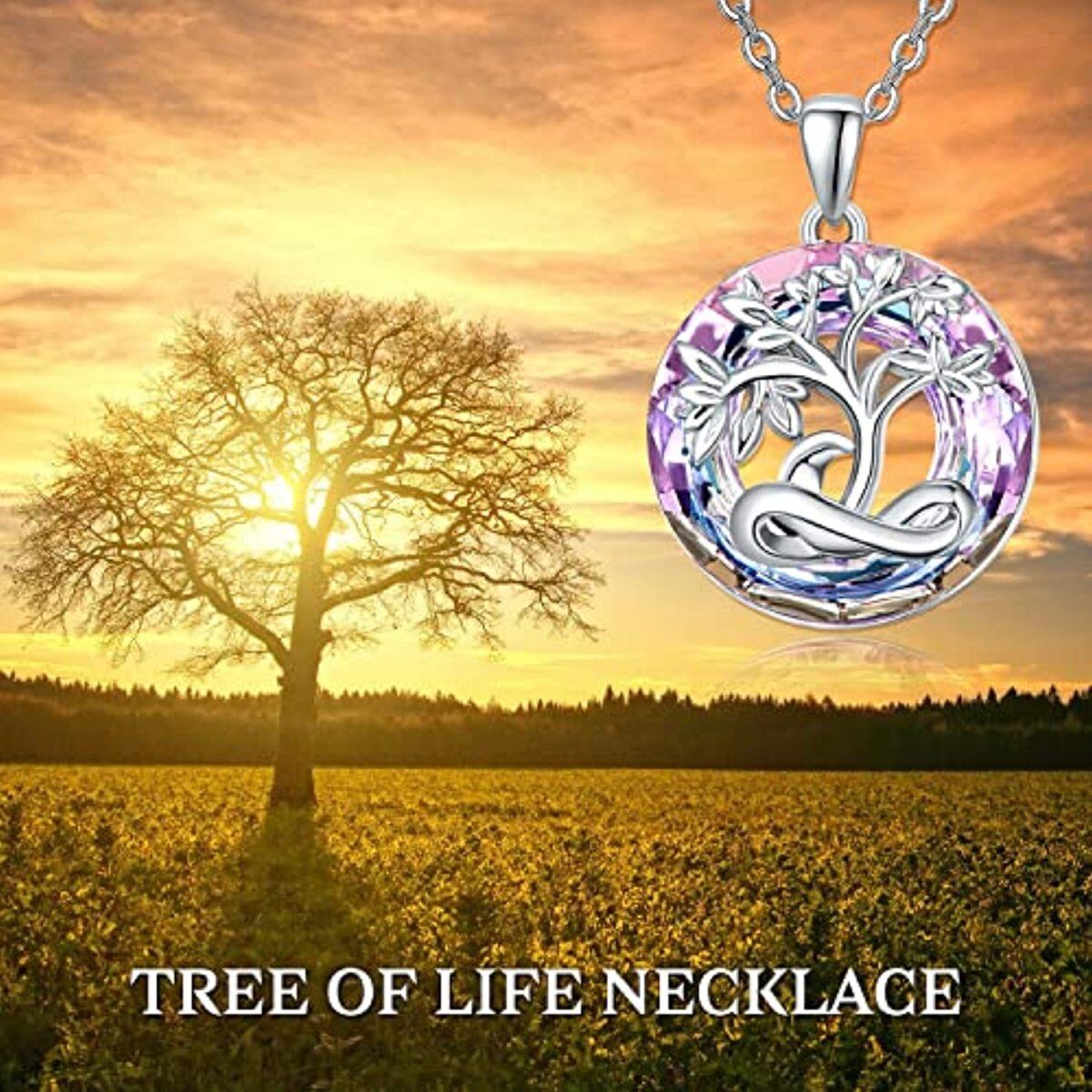 Collier en argent sterling avec pendentif arbre de vie en cristal rond-7