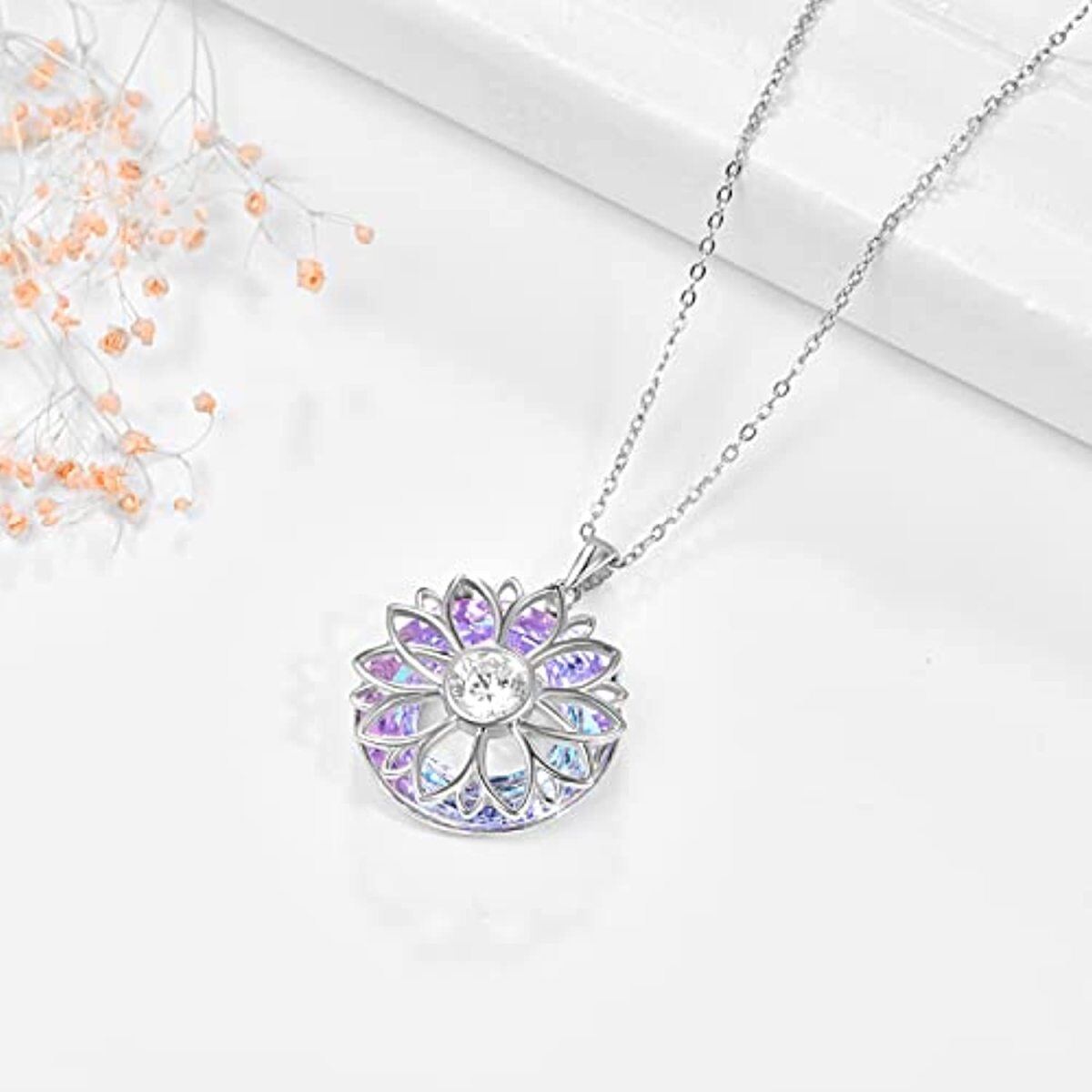 Sterling Silver Circular Shaped Sunflower Crystal Pendant Necklace-4