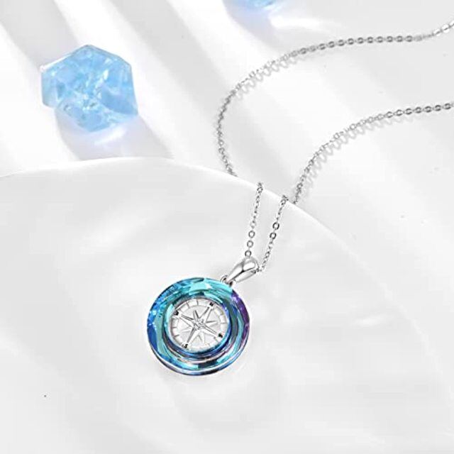 Colar de prata esterlina com pingente de cristal azul em forma de bússola circular-3