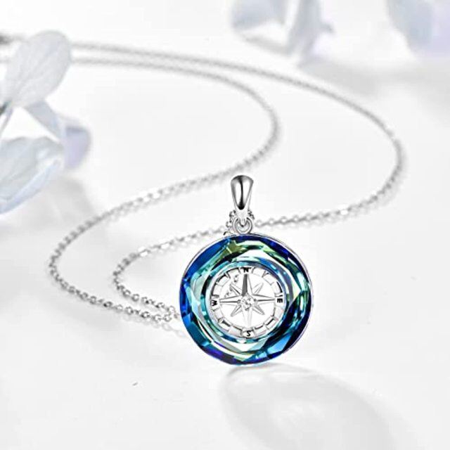 Sterling Silver Circular Shaped Compass Blue Crystal Pendant Necklace-4