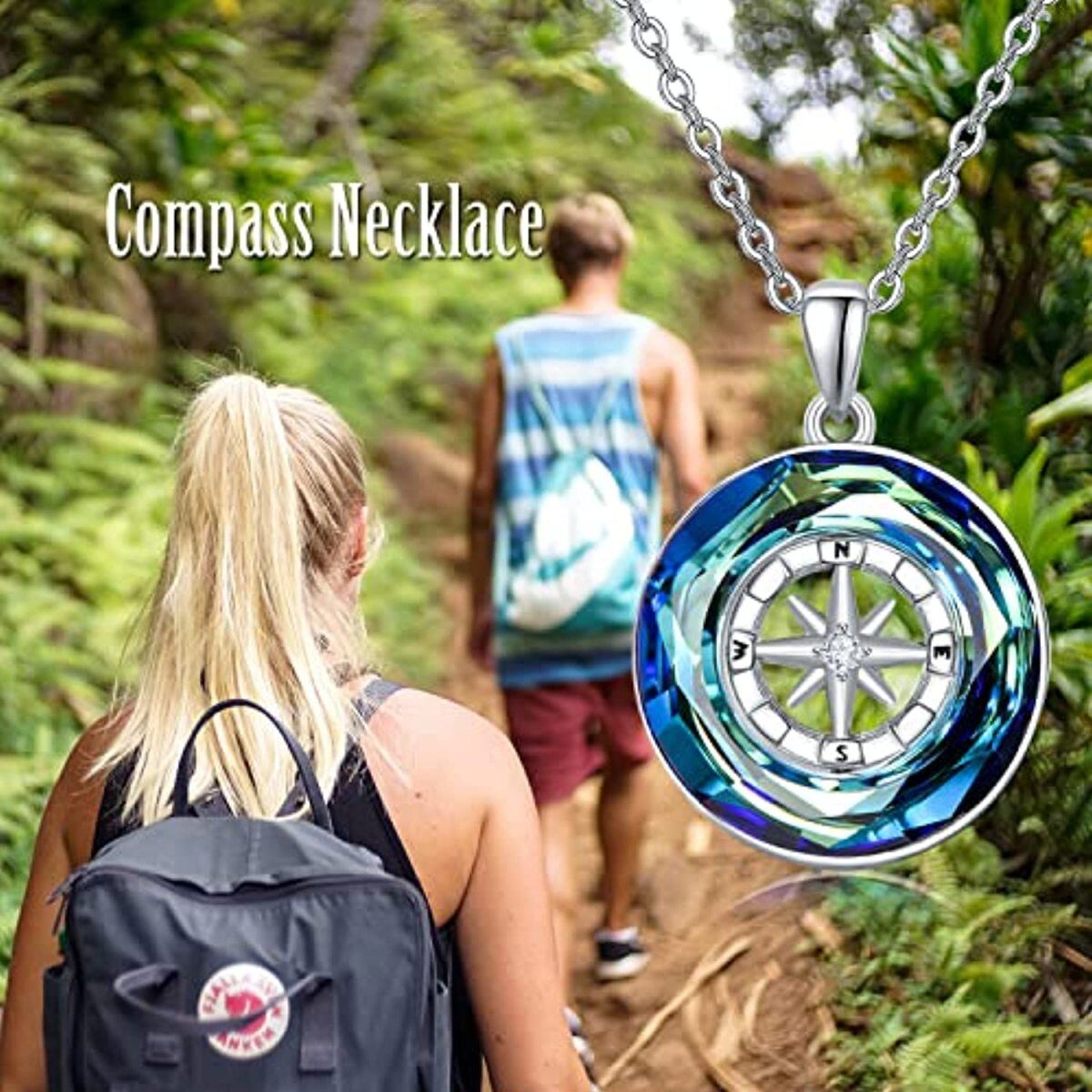 Sterling Silver Circular Shaped Compass Blue Crystal Pendant Necklace-7