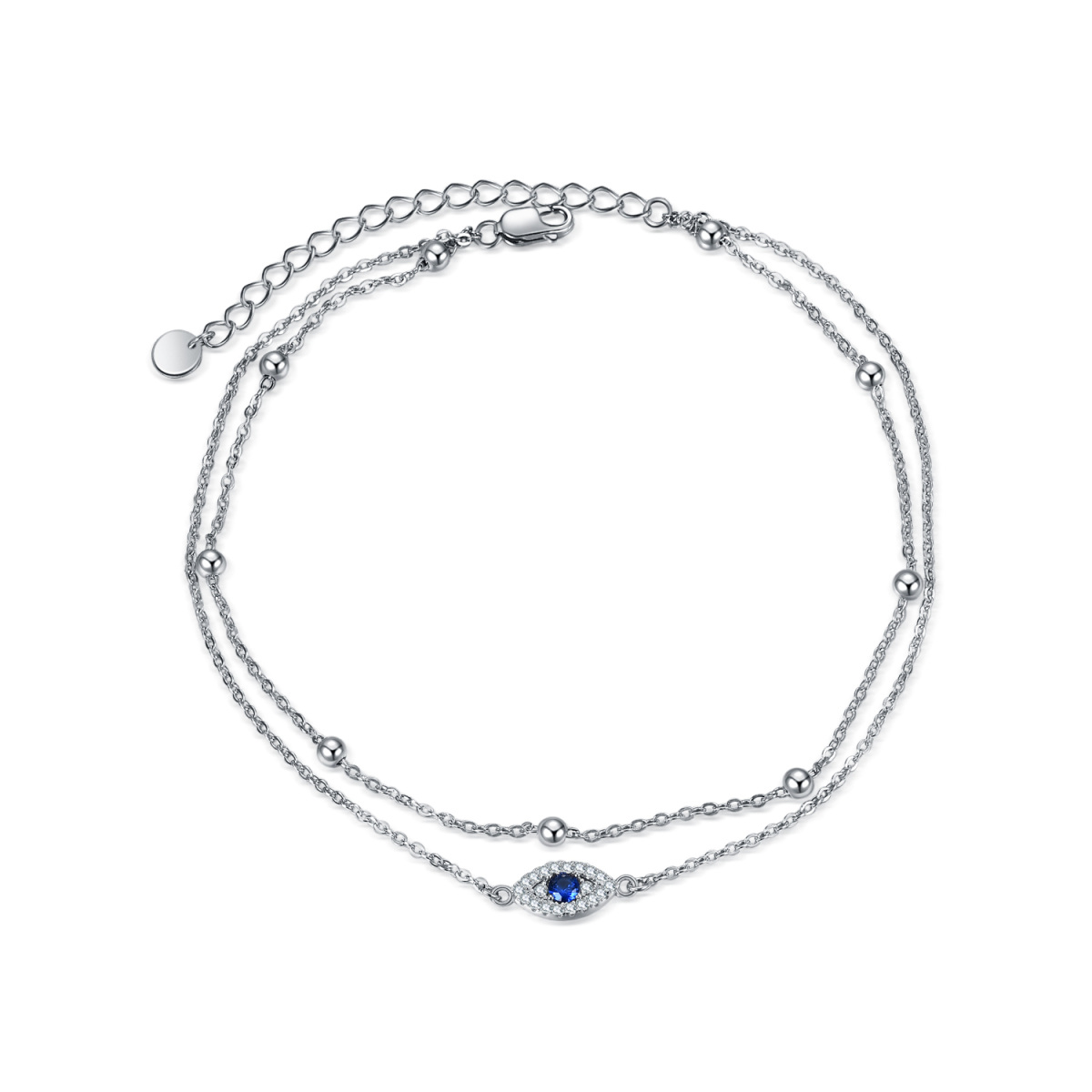 Sterling Silver Circular Shaped Cubic Zirconia Evil Eye Multi-layered Anklet-1