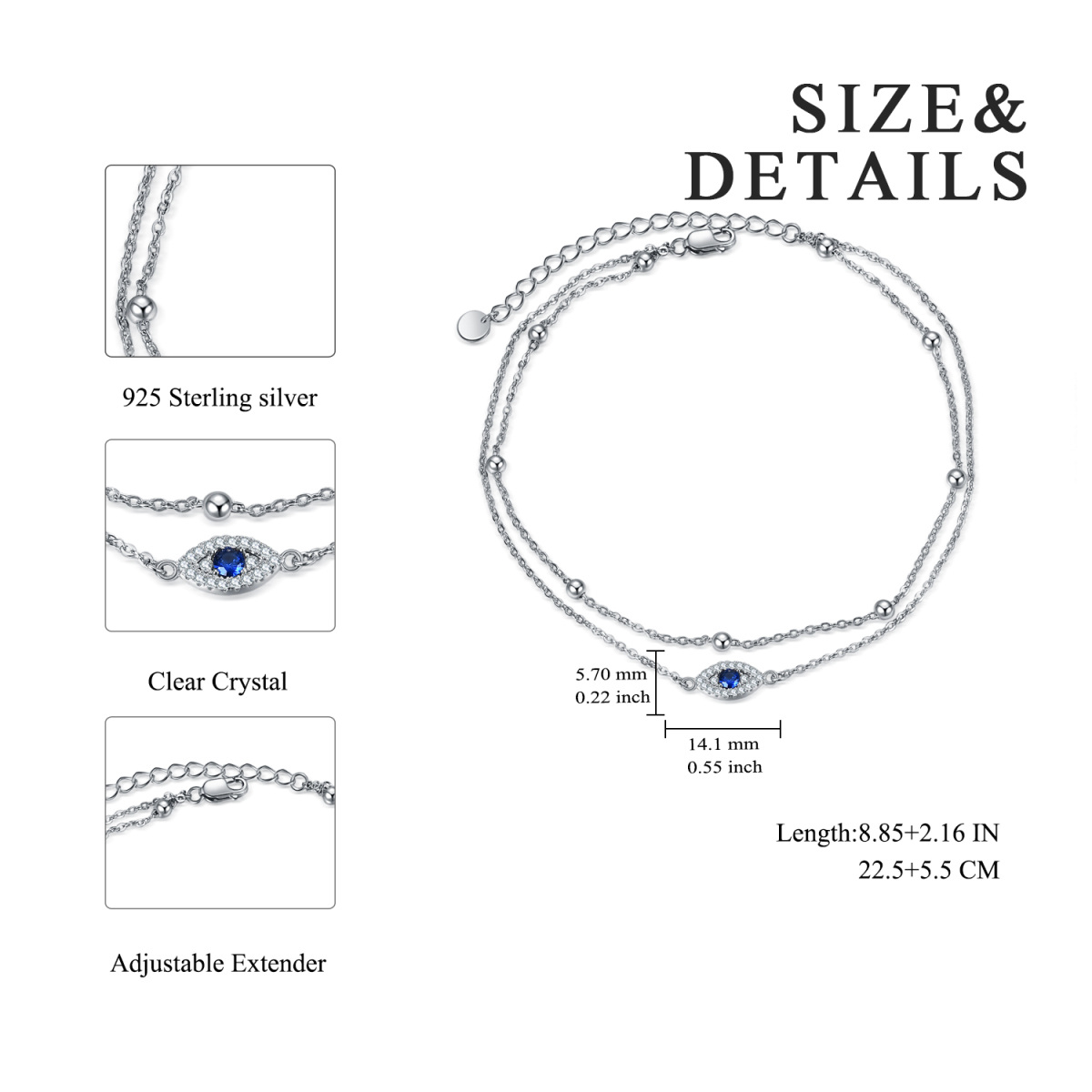 Sterling Silver Circular Shaped Cubic Zirconia Evil Eye Multi-layered Anklet-5