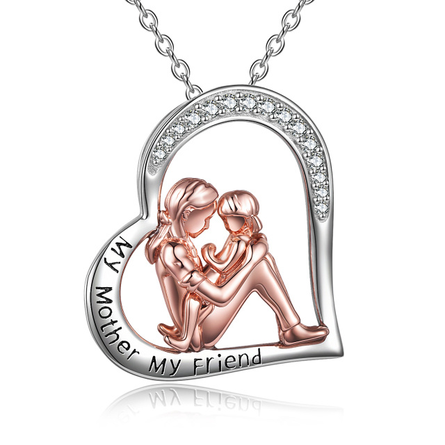 Sterling Silver Two-tone Circular Shaped Cubic Zirconia Mother & Daughter & Heart Pendant Necklace with Engraved Word-1