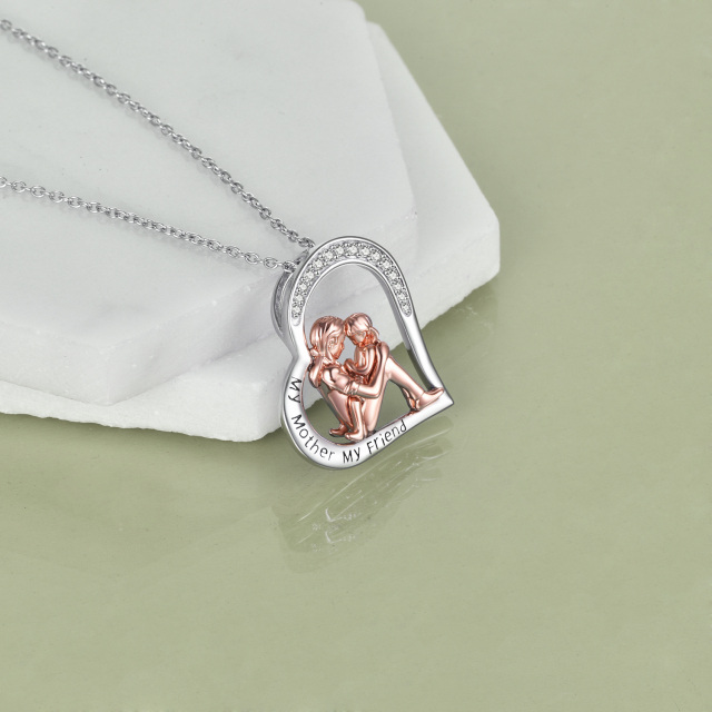 Sterling Silver Two-tone Circular Shaped Cubic Zirconia Mother & Daughter & Heart Pendant Necklace with Engraved Word-3