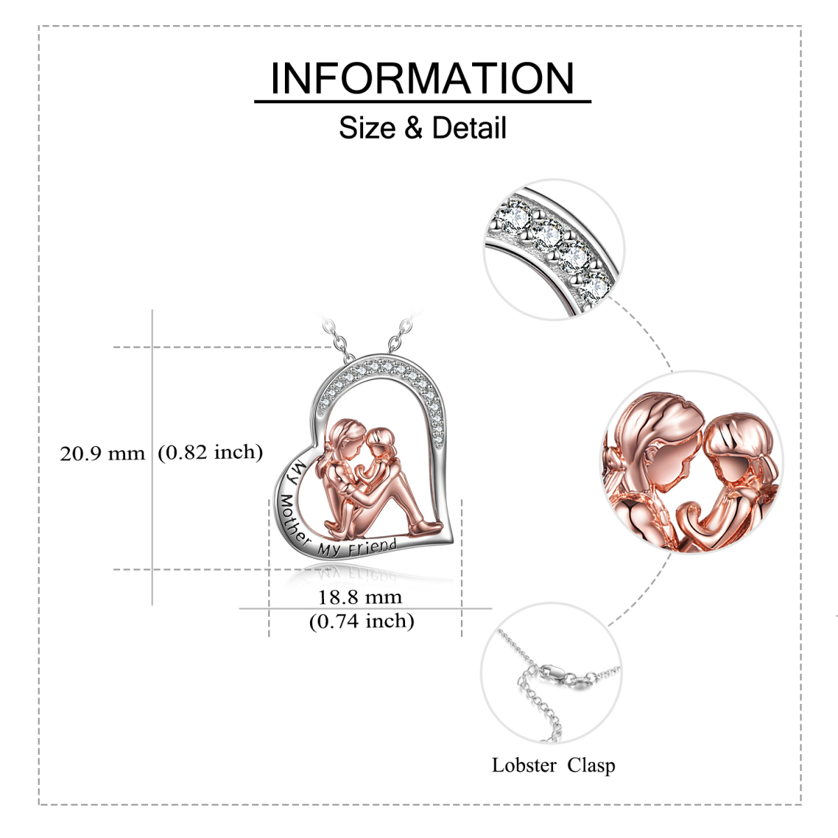 Sterling Silver Two-tone Circular Shaped Cubic Zirconia Mother & Daughter & Heart Pendant Necklace with Engraved Word-6