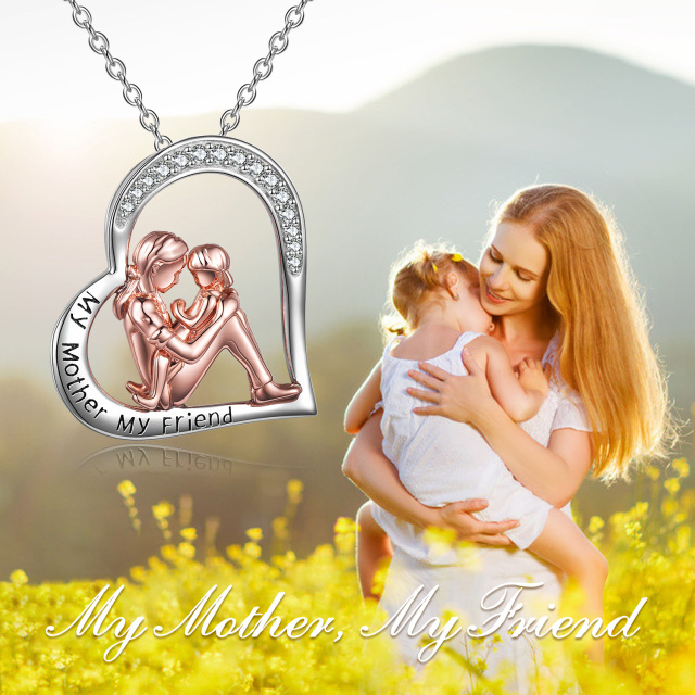 Sterling Silver Two-tone Circular Shaped Cubic Zirconia Mother & Daughter & Heart Pendant Necklace with Engraved Word-5