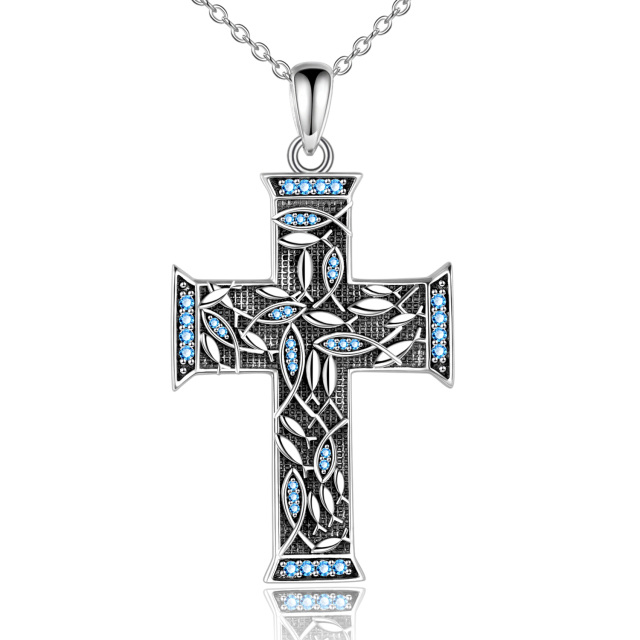 Sterling Silver Circular Shaped Cubic Zirconia Fish & Tree Of Life & Cross & Jesus Pendant Necklace-5