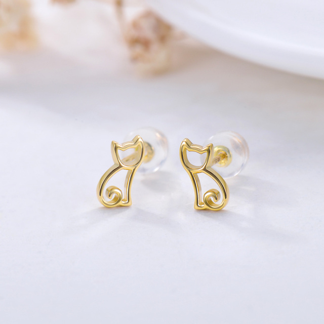 14K Gold Cat Stud Earrings-3