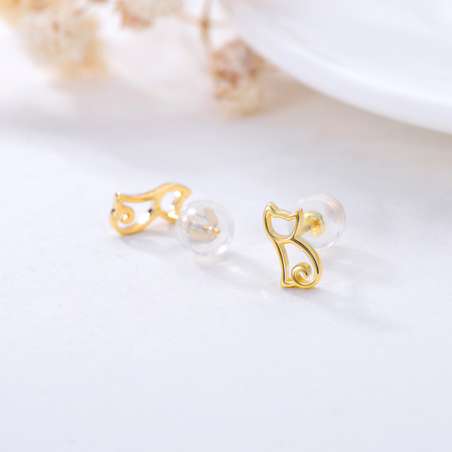 14K Gold Cat Stud Earrings-4