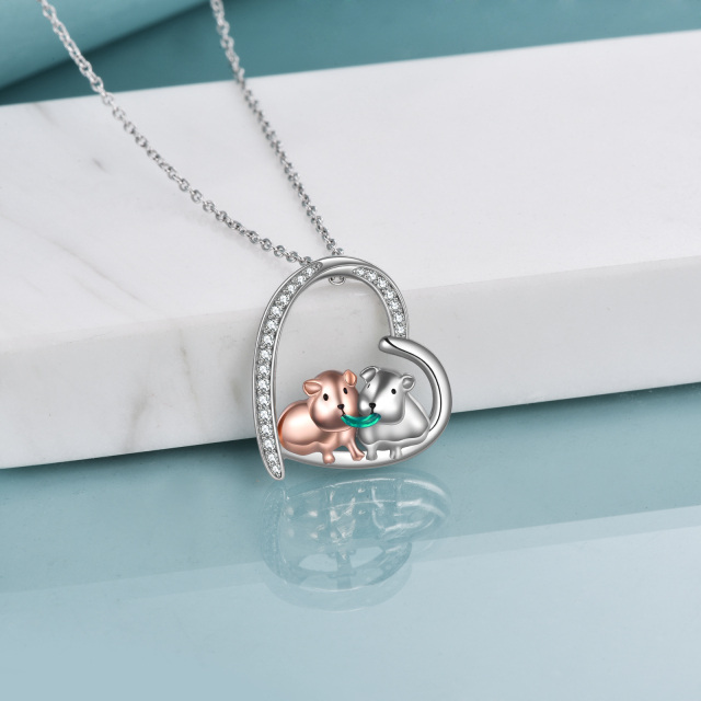 Sterling Silver Two-tone Round Cubic Zirconia Guinea Pig & Heart Pendant Necklace-3