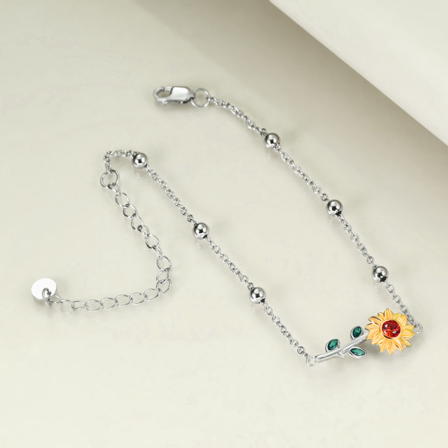 Sterling Silver Two-tone Circular Shaped Crystal & Cubic Zirconia Sunflower Single Chain Anklet-3