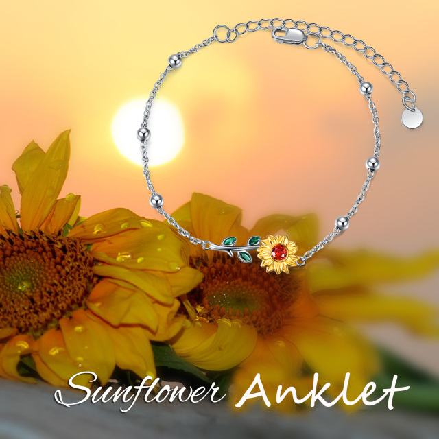 Sterling Silver Two-tone Circular Shaped Crystal & Cubic Zirconia Sunflower Single Chain Anklet-5