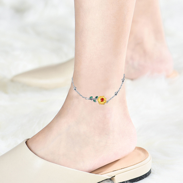 Sterling Silver Two-tone Circular Shaped Crystal & Cubic Zirconia Sunflower Single Chain Anklet-2