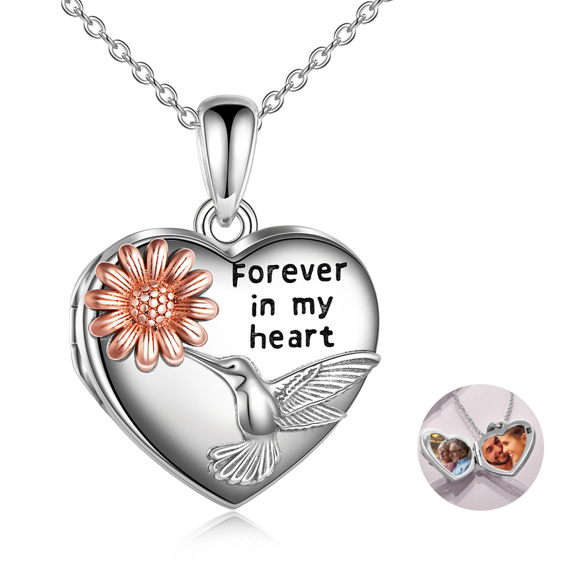 Sterling Silver Hummingbird & Sunflower Personalized Photo Locket Necklace with Engraved Word-1