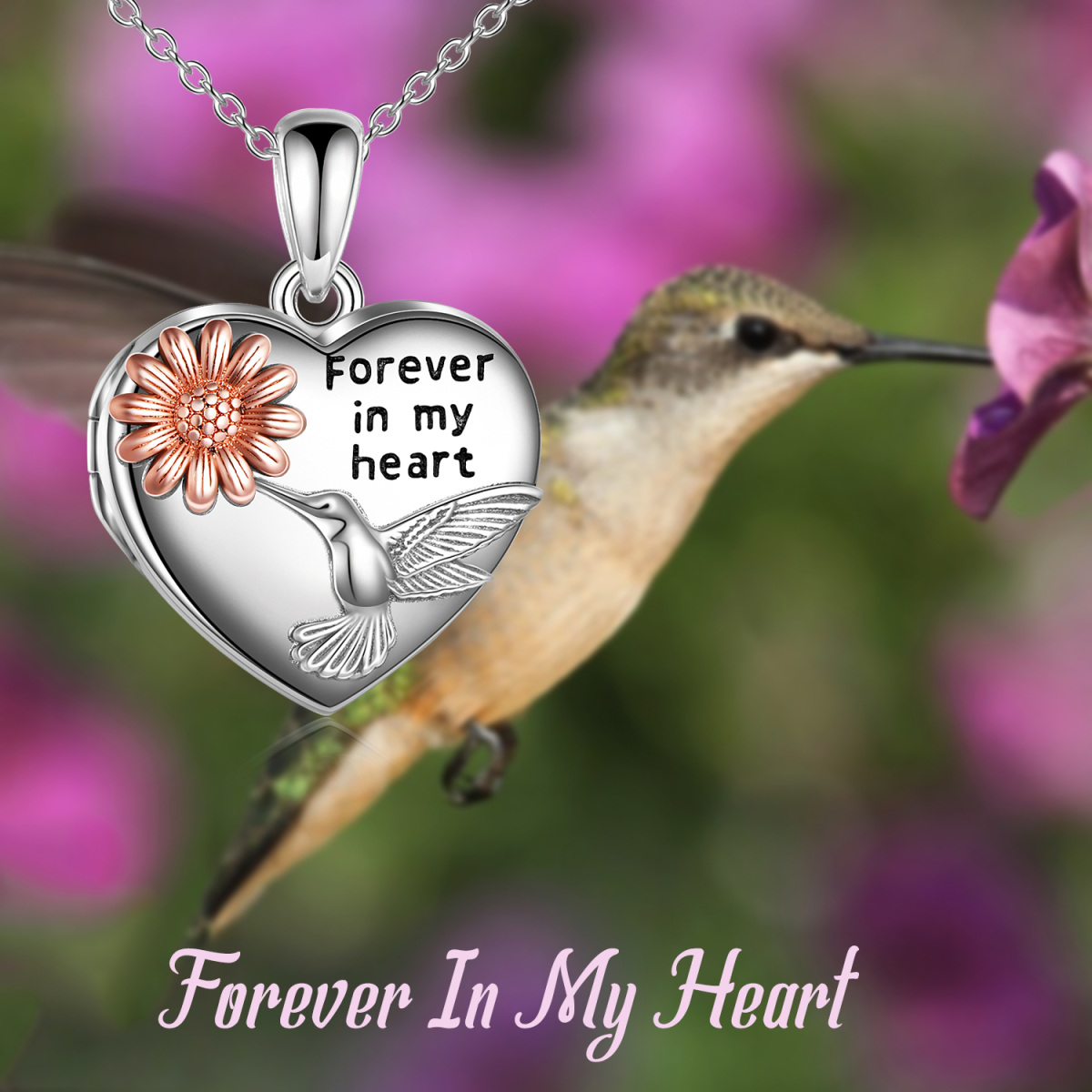 Sterling Silver Hummingbird & Sunflower Personalized Photo Locket Necklace with Engraved Word-6