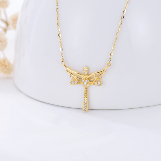 Collar de oro de 14 quilates con colgante de cruz y ala de ángel de circonita-3
