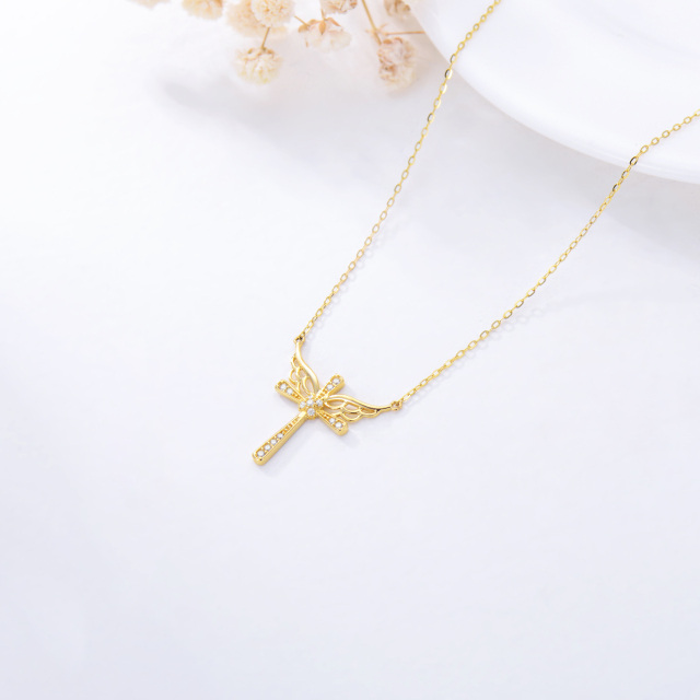Collar de oro de 14 quilates con colgante de cruz y ala de ángel de circonita-4