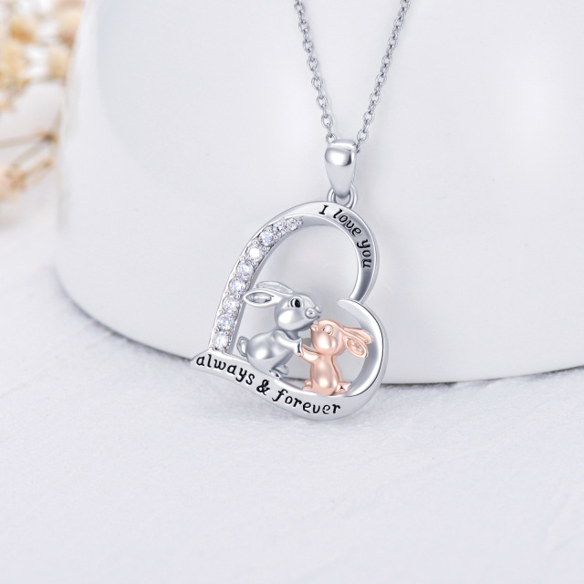 Sterling Silver Two-tone Couple Rabbit Heart Pendant Necklace with Engraved Word-2