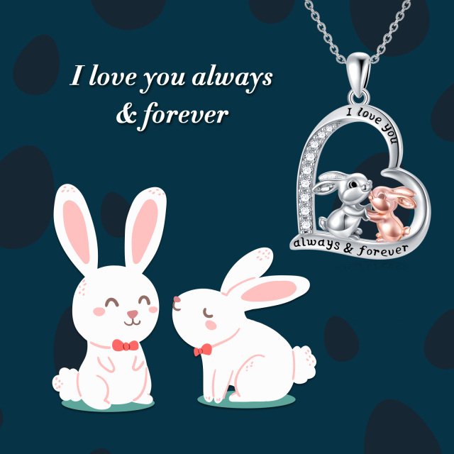 Sterling Silber zweifarbig Paar Kaninchen Herz Anhänger Halskette mit eingraviertem Wort-5