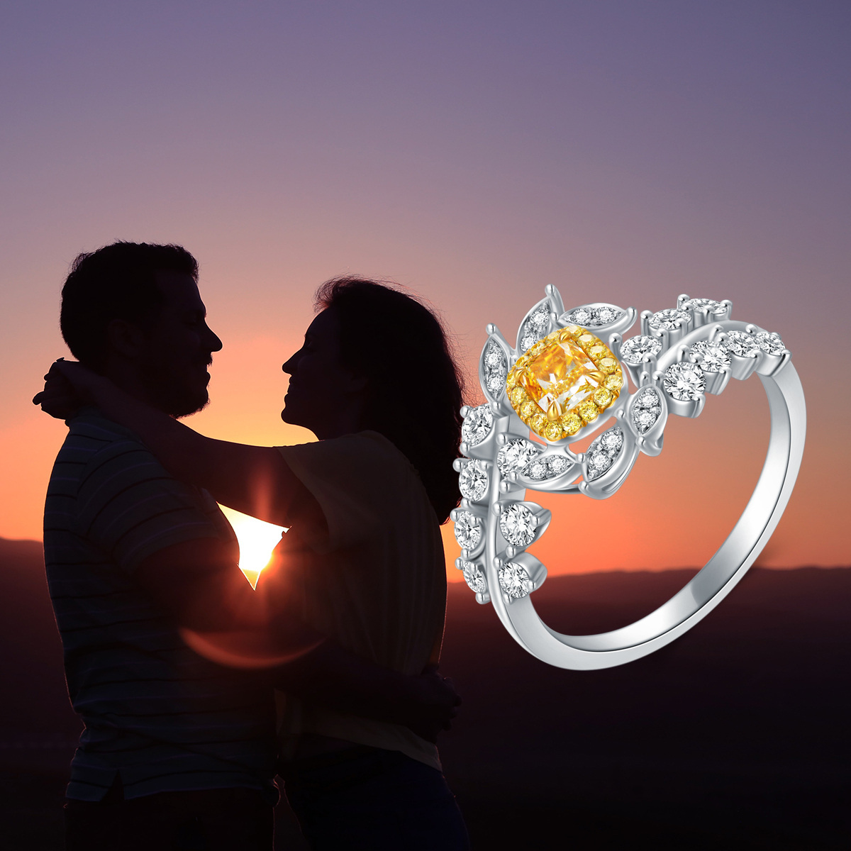 18K White Gold Princess-square Shaped Diamond Leaves Engagement Ring-5