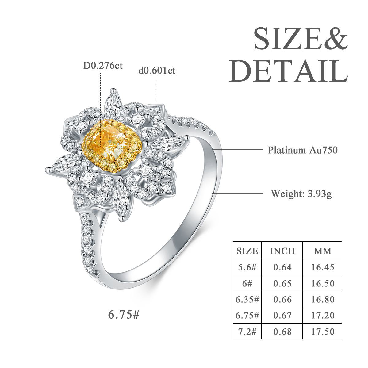 Platinum with White Gold Plated Cushion Shaped Diamond Sunflower Engagement Ring-6