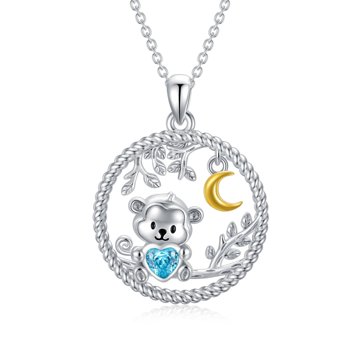 Sterling Silver Two-tone Heart Shaped Cubic Zirconia Monkey & Leaves & Moon Pendant Necklace-1