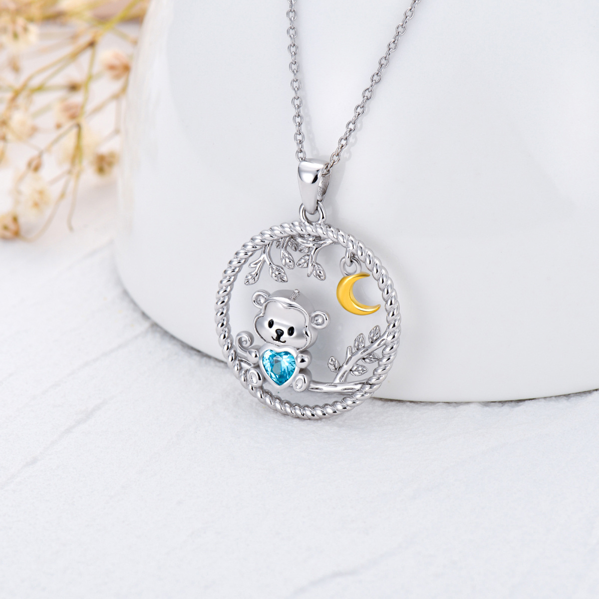 Sterling Silver Two-tone Heart Shaped Cubic Zirconia Monkey & Leaves & Moon Pendant Necklace-4