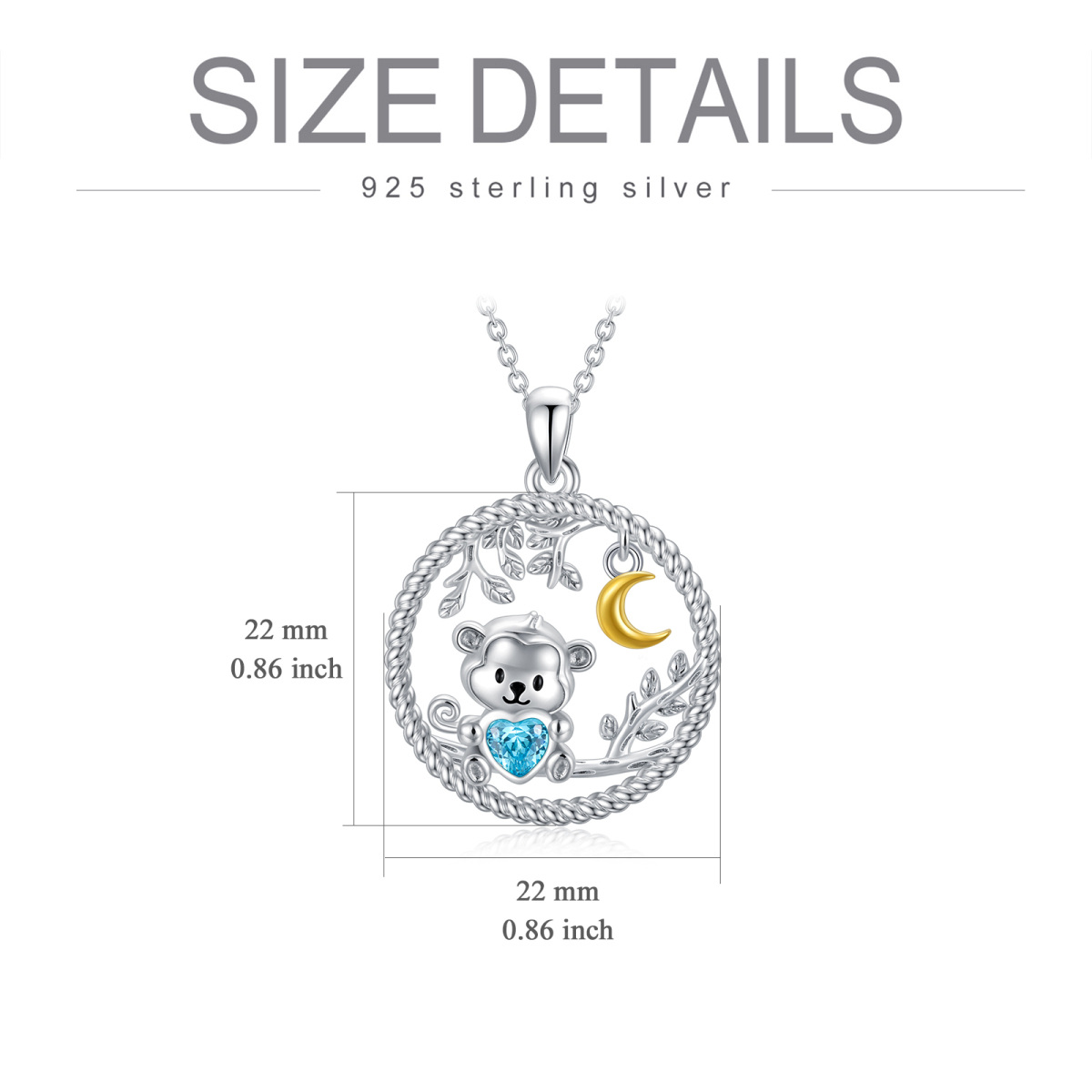 Sterling Silver Two-tone Heart Shaped Cubic Zirconia Monkey & Leaves & Moon Pendant Necklace-6