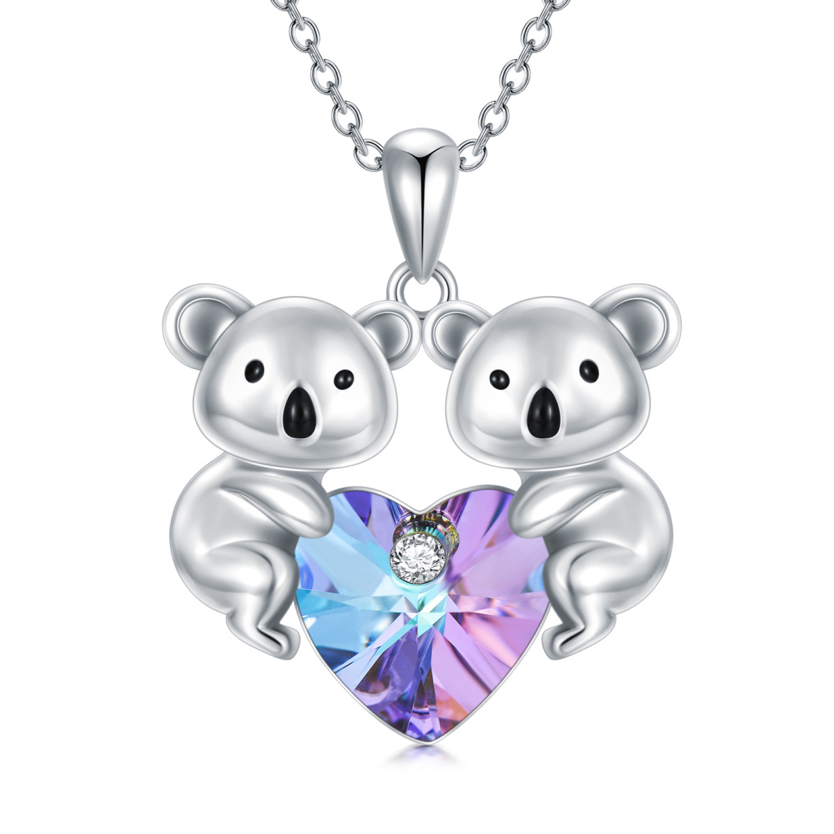 Sterling Silver Heart Shaped Crystal Koala & Sisters Pendant Necklace-1