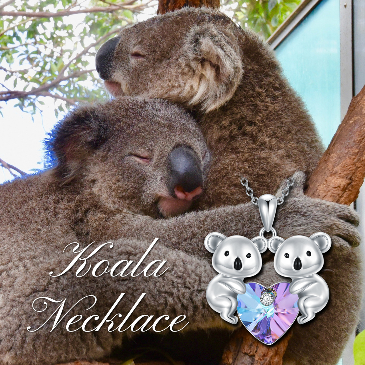 Sterling Silber Herz geformt Kristall Koala & Schwestern Anhänger Halskette-6