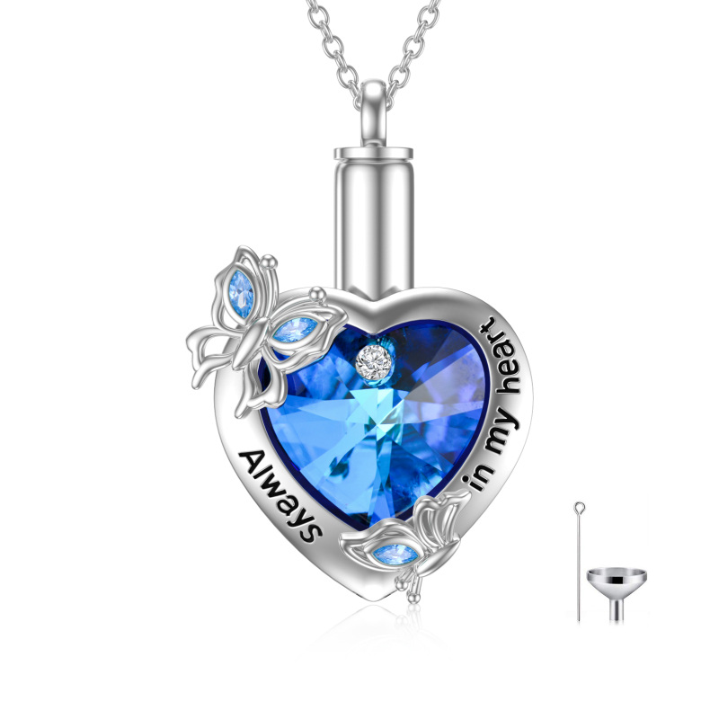 Collar de plata de ley con mariposa de cristal azul y urna de corazón para cenizas con el grabado Siempre en mi corazón