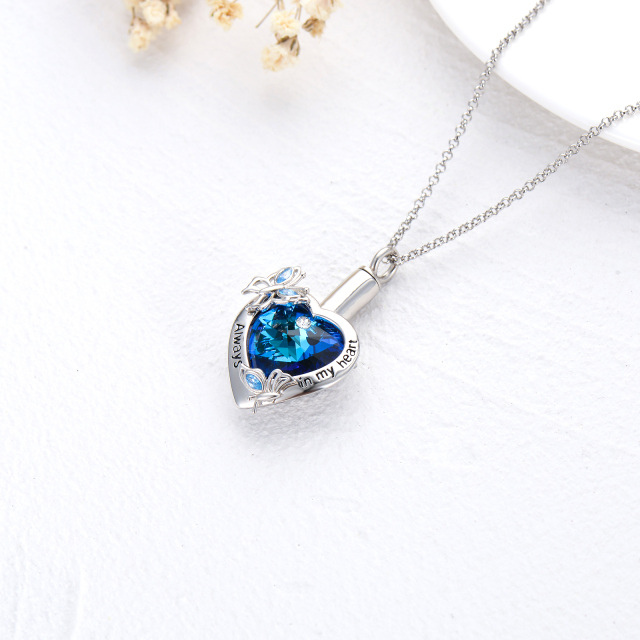 Sterling Silber Blau Kristall Schmetterling & Herz Urne Halskette für Asche mit immer in meinem Herzen eingraviert-2