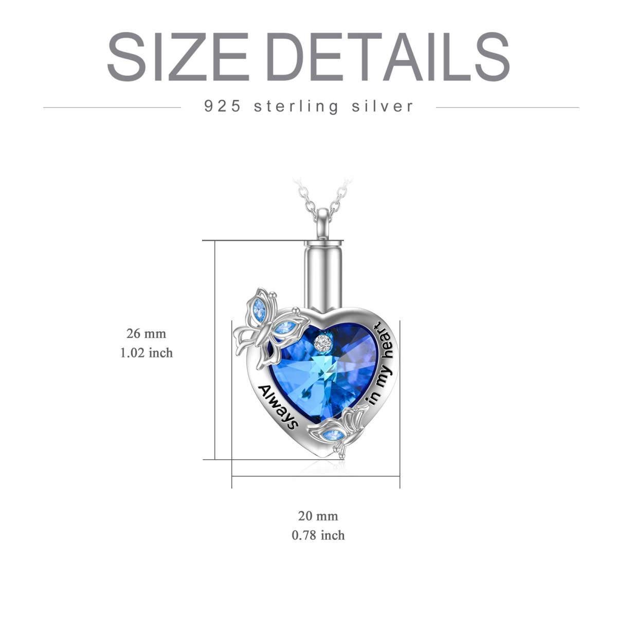 Sterling Silber Blau Kristall Schmetterling & Herz Urne Halskette für Asche mit immer in meinem Herzen eingraviert-7