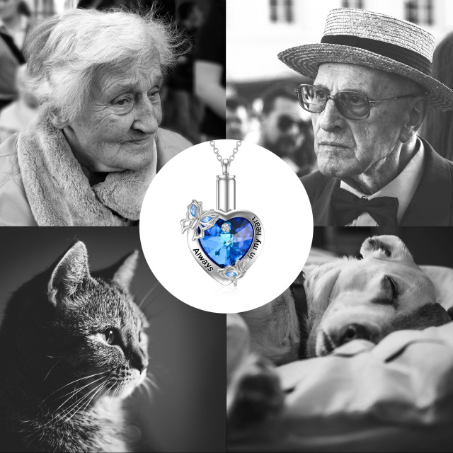 Sterling Silber Blau Kristall Schmetterling & Herz Urne Halskette für Asche mit immer in meinem Herzen eingraviert-5