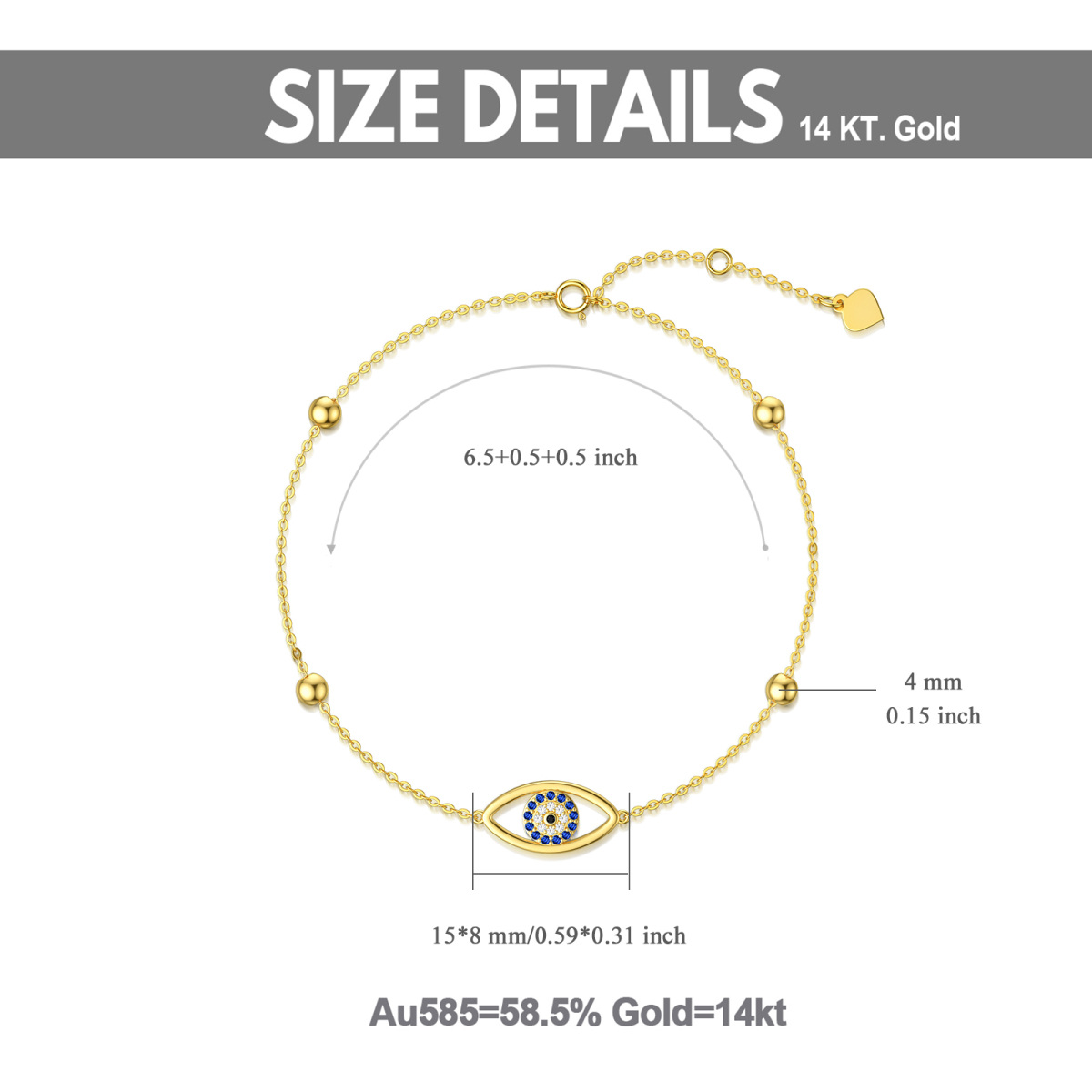 14K Gold Cubic Zirconia Evil Eye Pendant Bracelet-6