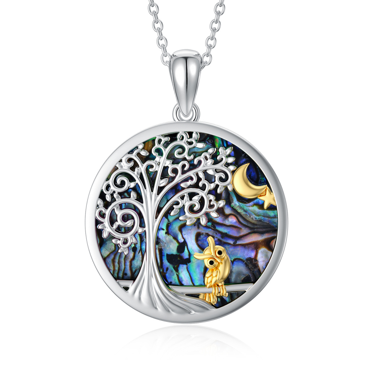 Sterling Silver Two-tone Circular Shaped Abalone Shellfish Owl & Tree Of Life Pendant Necklace-1